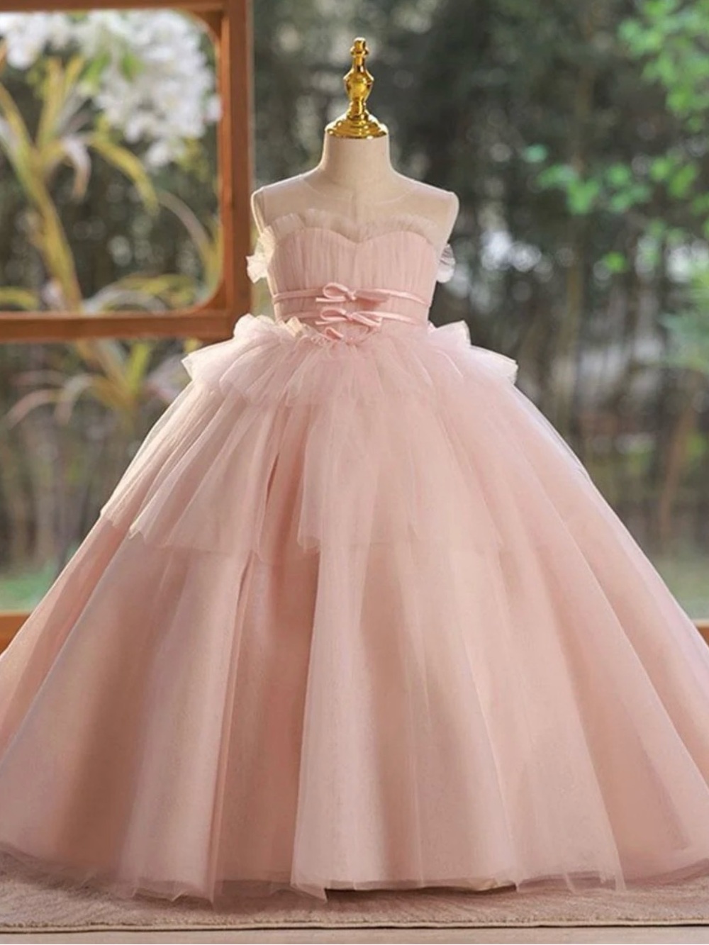 Princess-Style Pink Tulle Formal Dress for Girls
